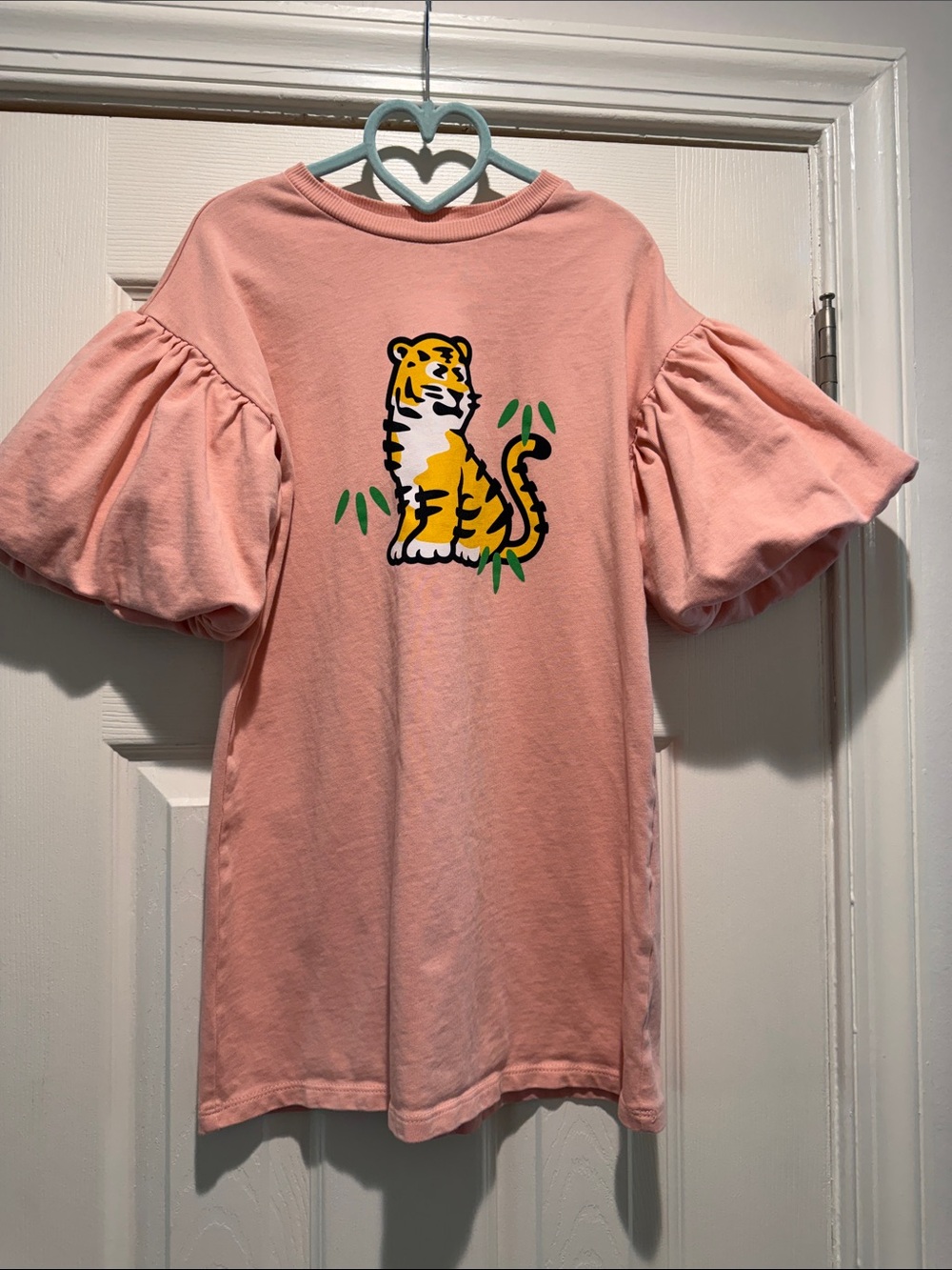KENZO Paris Girls Light Pink Dress with Puff Sleeves & Tiger Image